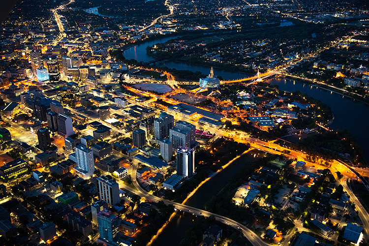 Downtown Winnipeg night aerial